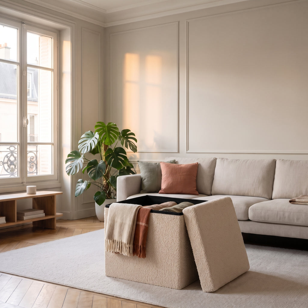 Pouf coffre beige ouvert avec des plaids rangés dans le salon