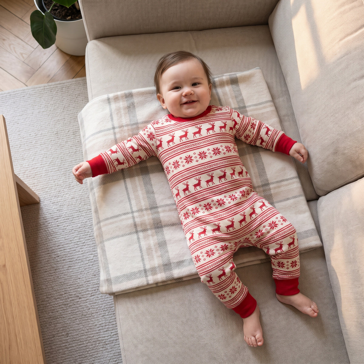 Bébé allongé sur le canapé en combinaison de Noël rayé écru et rouge à motifs rennes, modèle bébé