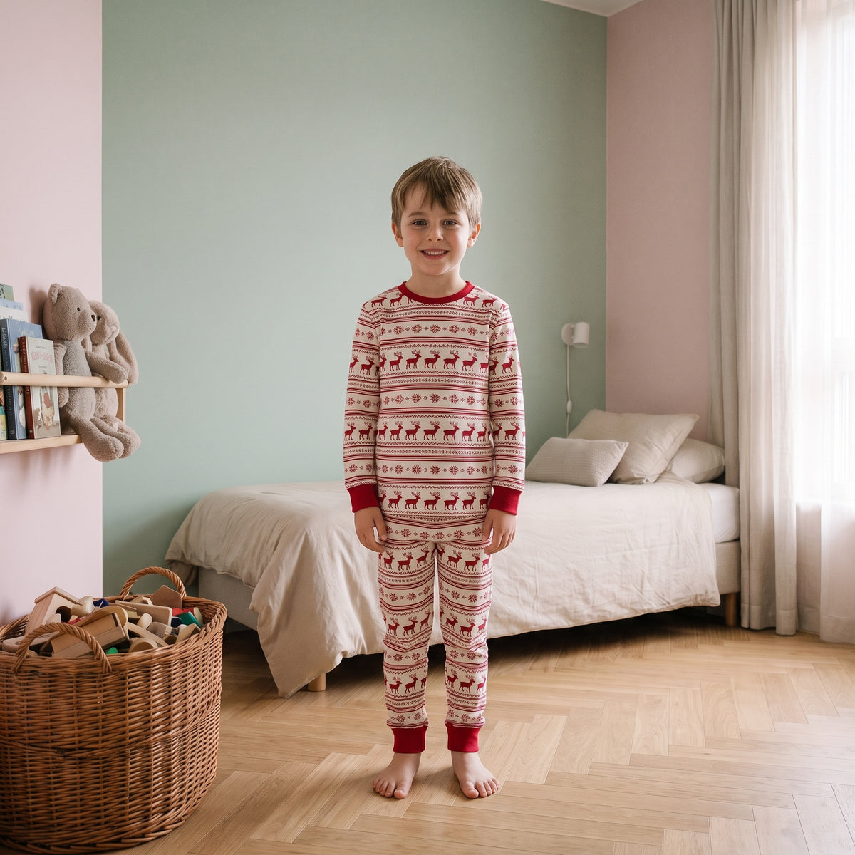 Pyjama de Noël rayé écru et rouge à motifs rennes porté par un enfant, modèle enfant