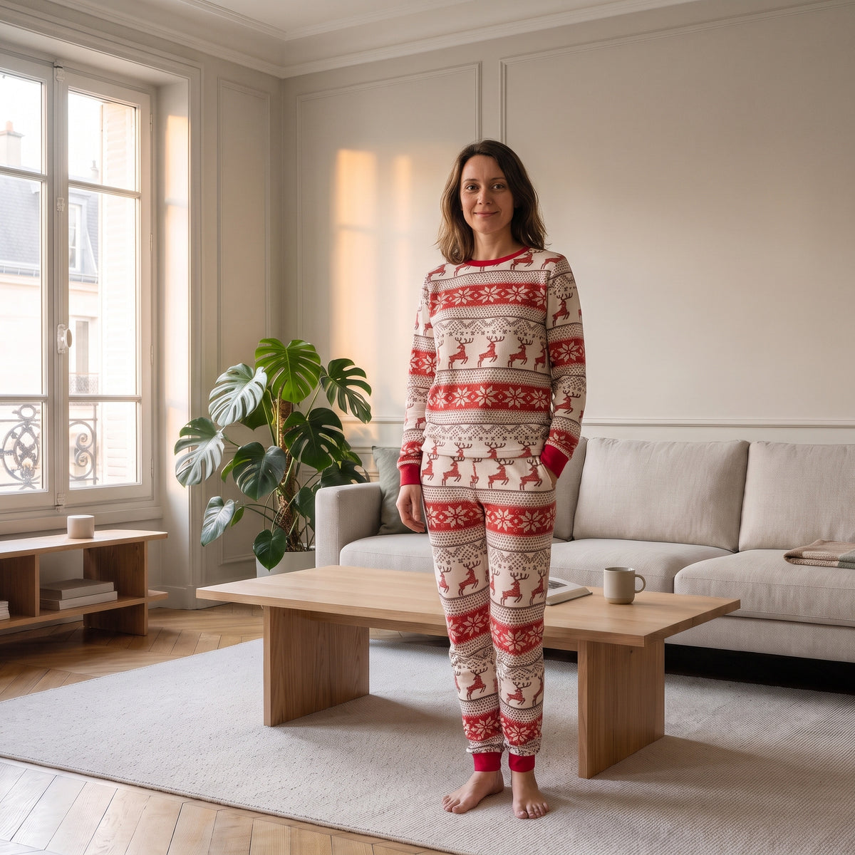 Pyjama de Noël rayé écru et rouge à motifs rennes porté par une femme, modèle femme