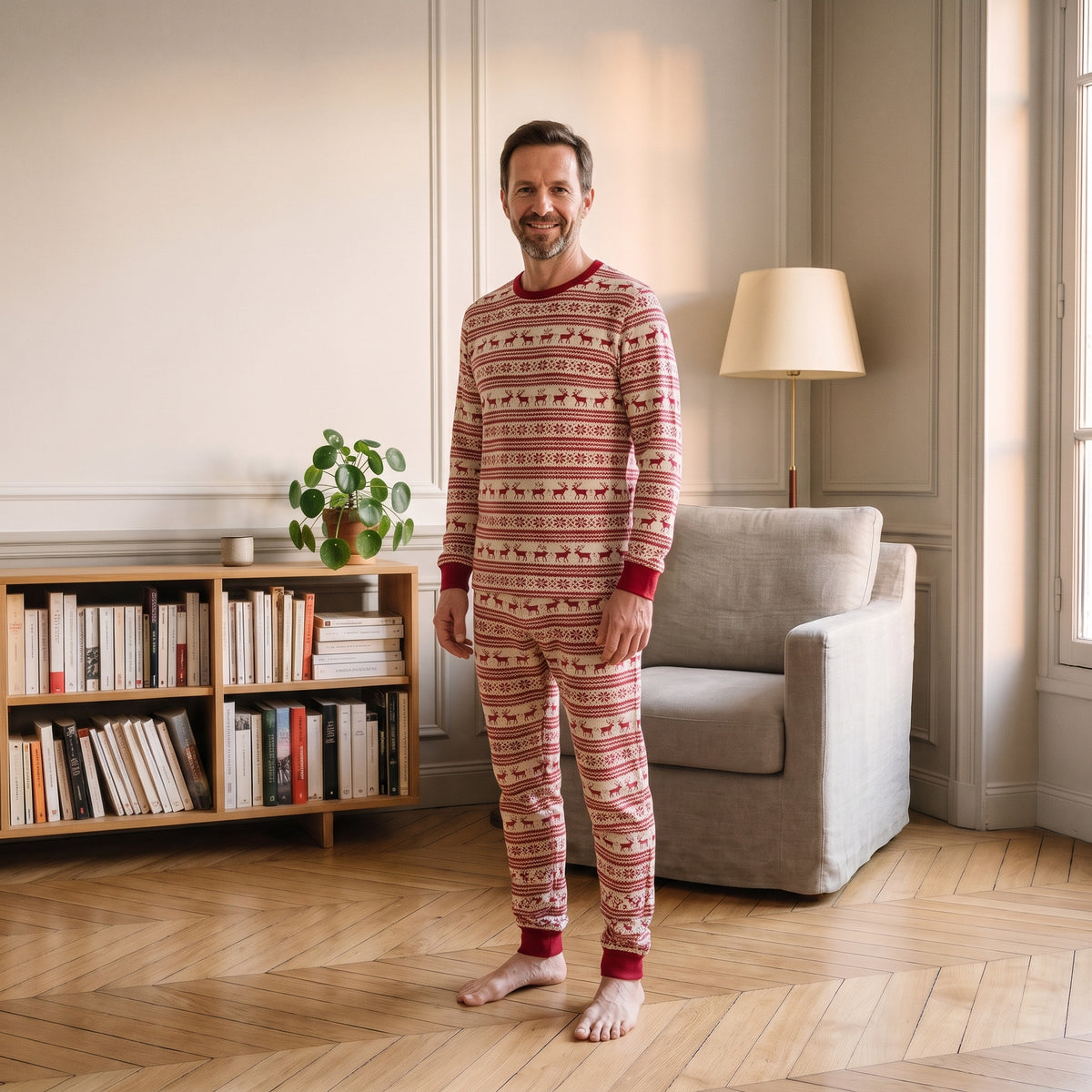 Pyjama de Noël rayé écru et rouge à motifs rennes porté par un homme, modèle homme