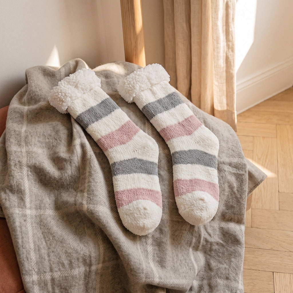 Chaussettes fourrées écrues à rayures rose et grise, posées à plat sur un plaid gris