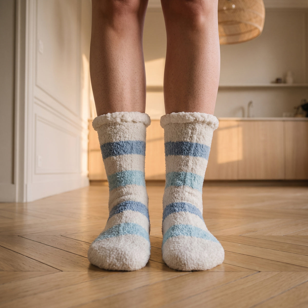 Chaussettes fourrées à rayures bleu ciel et écrues, portées debout sur un parquet en point de Hongrie
