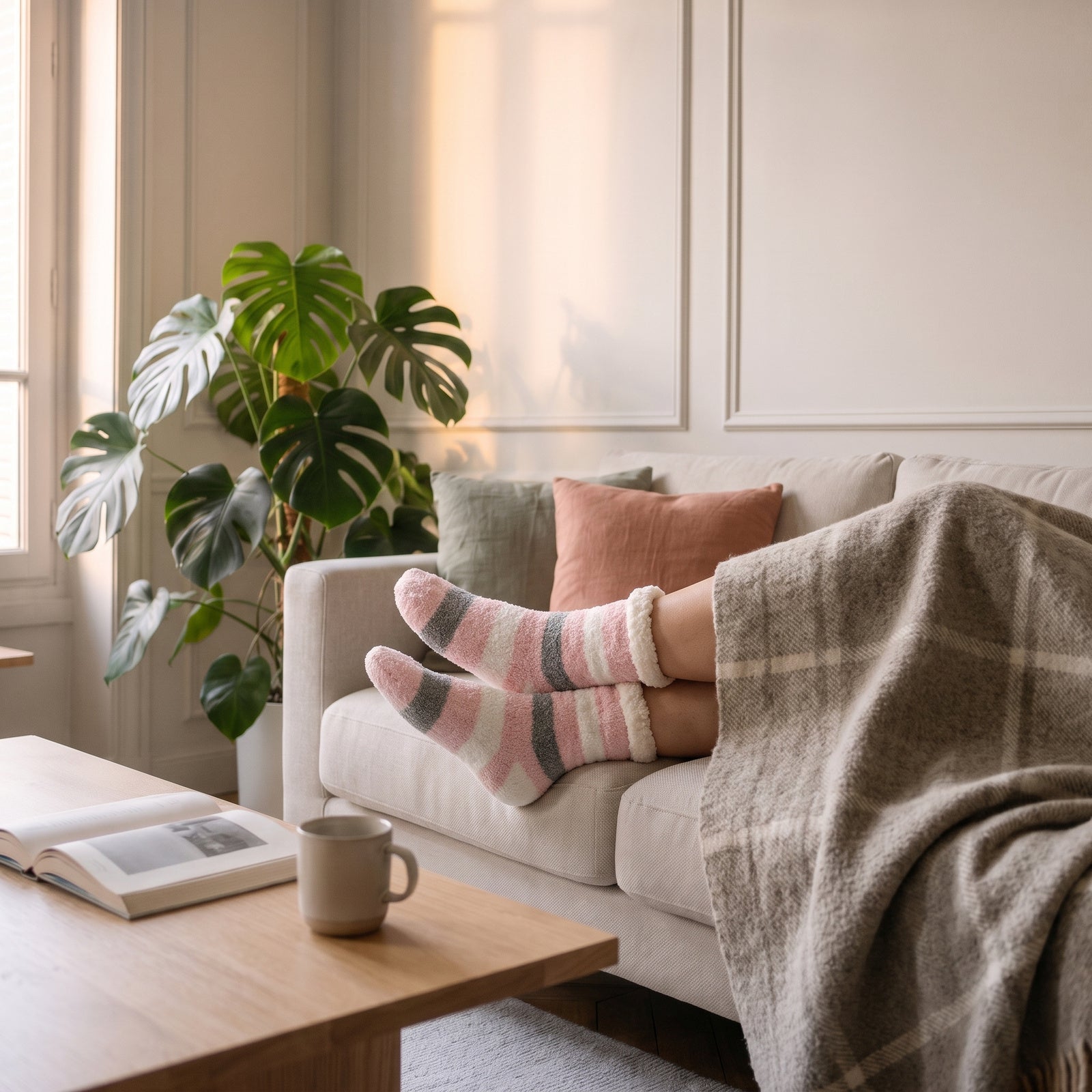 Pieds en chaussettes fourrées à rayures roses posés sur un canapé, plaid et tasse à côté Image