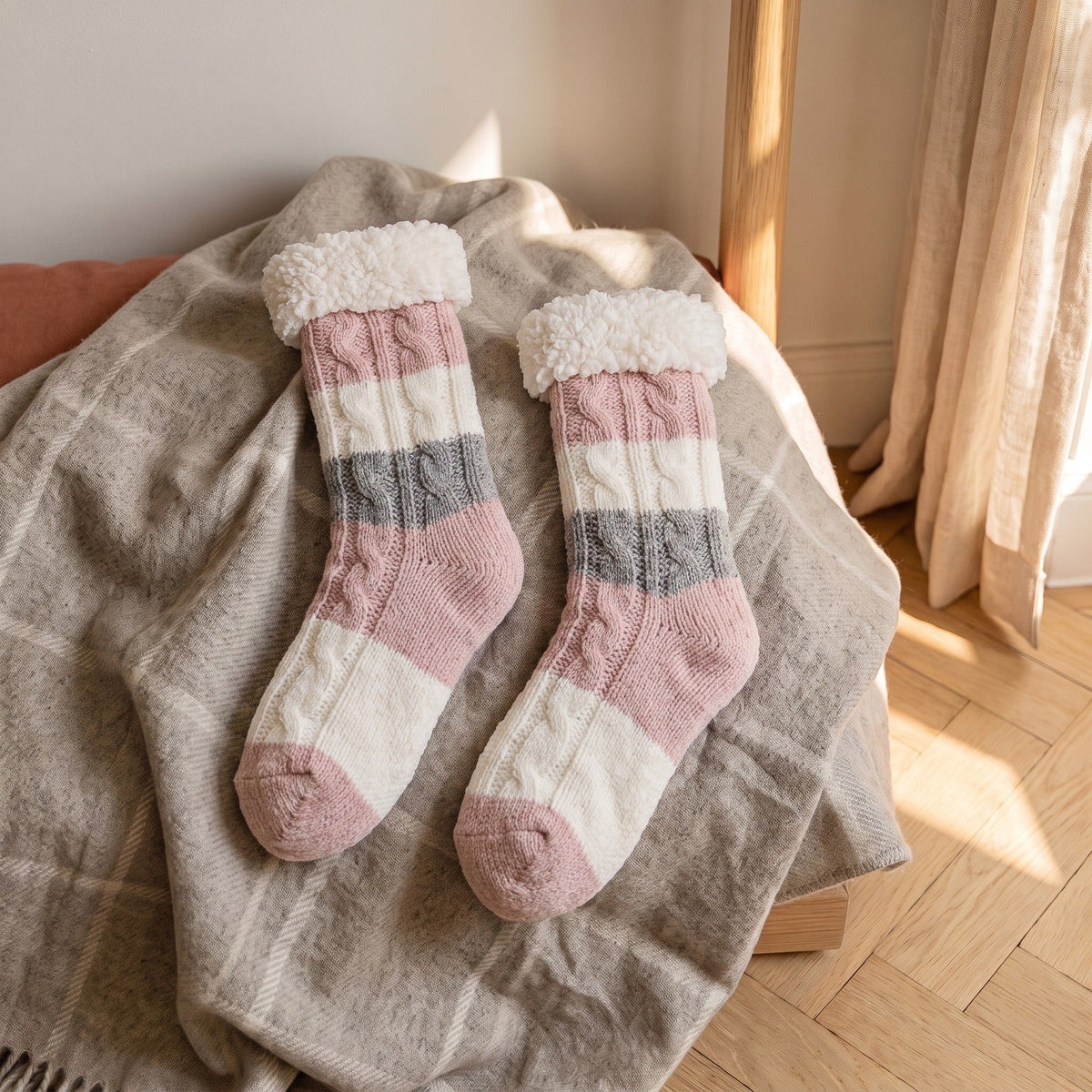 Chaussettes fourrées roses à blocs grise et écrue, posées à plat sur un plaid gris