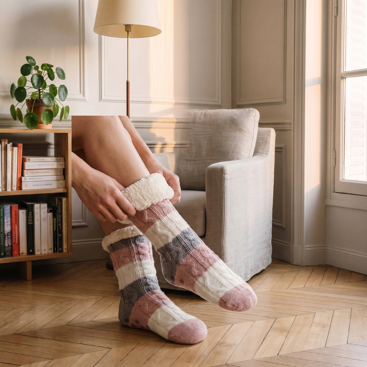 Mains retournant le revers bouclé écru d une chaussette fourrée à rayures roses et grises