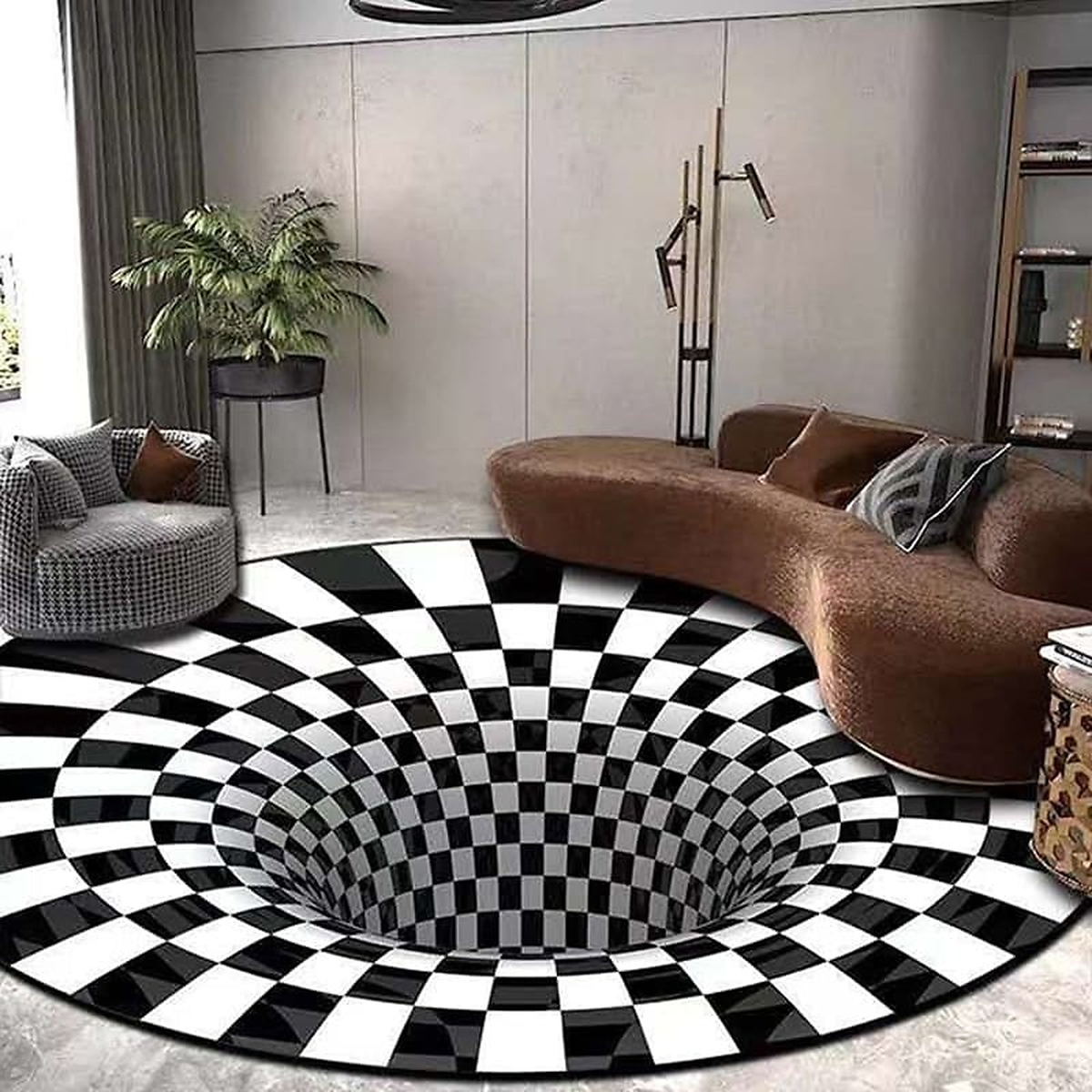 Tapis illusion d’optique rond noir et blanc dans un salon