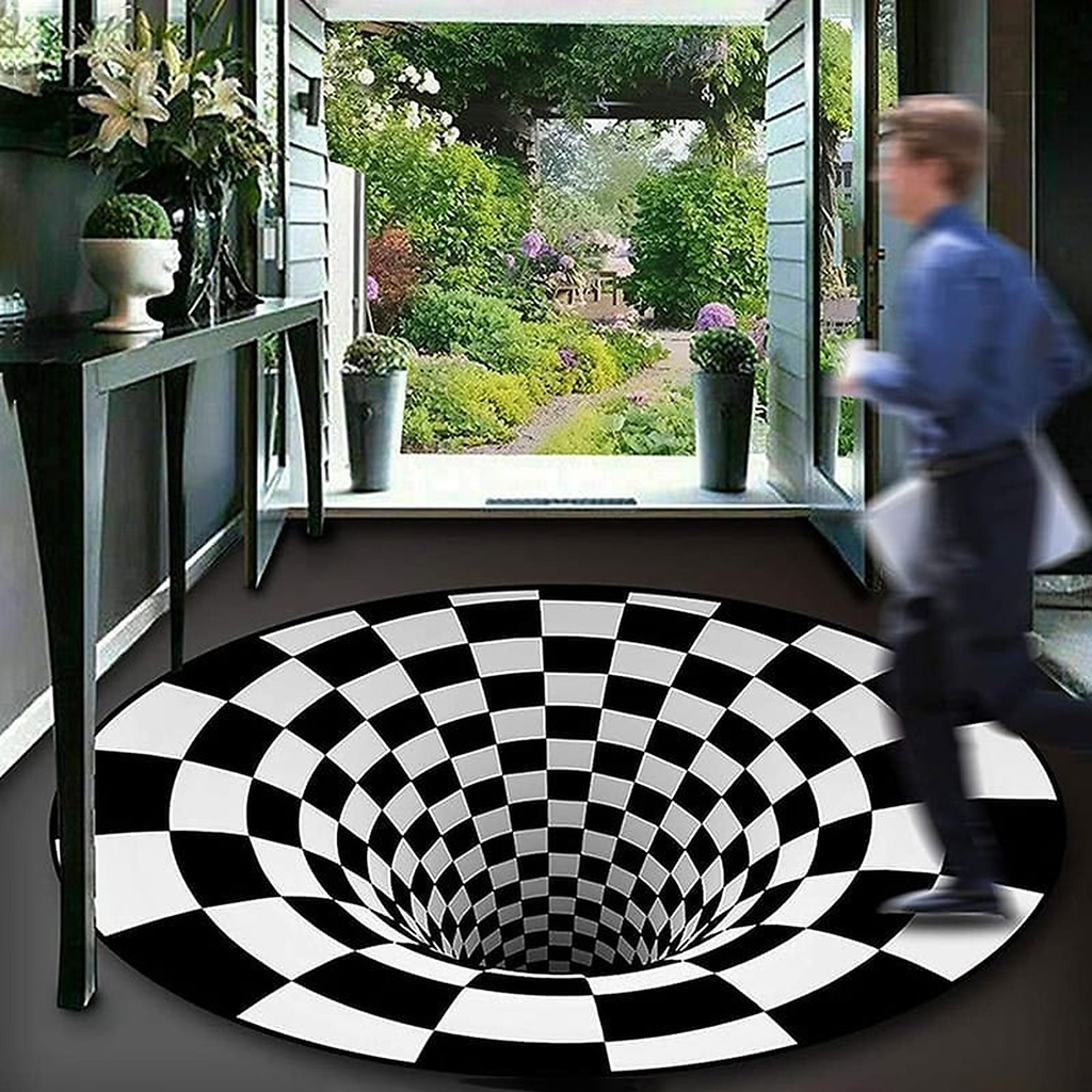 Tapis illusion d’optique rond noir et blanc dans une entrée