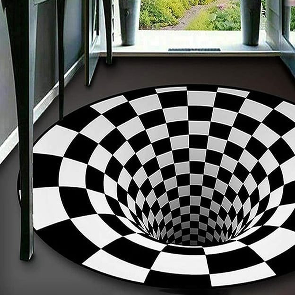 Détail du tapis illusion en damier noir et blanc