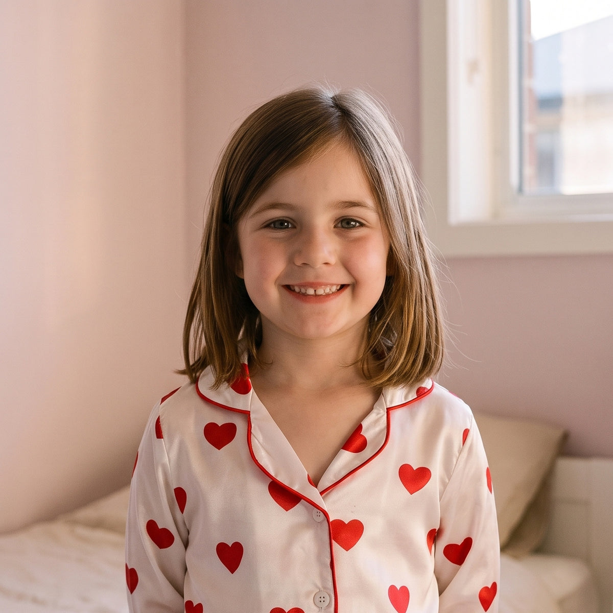 Fille debout portant le pyjama satiné à imprimé cœurs
