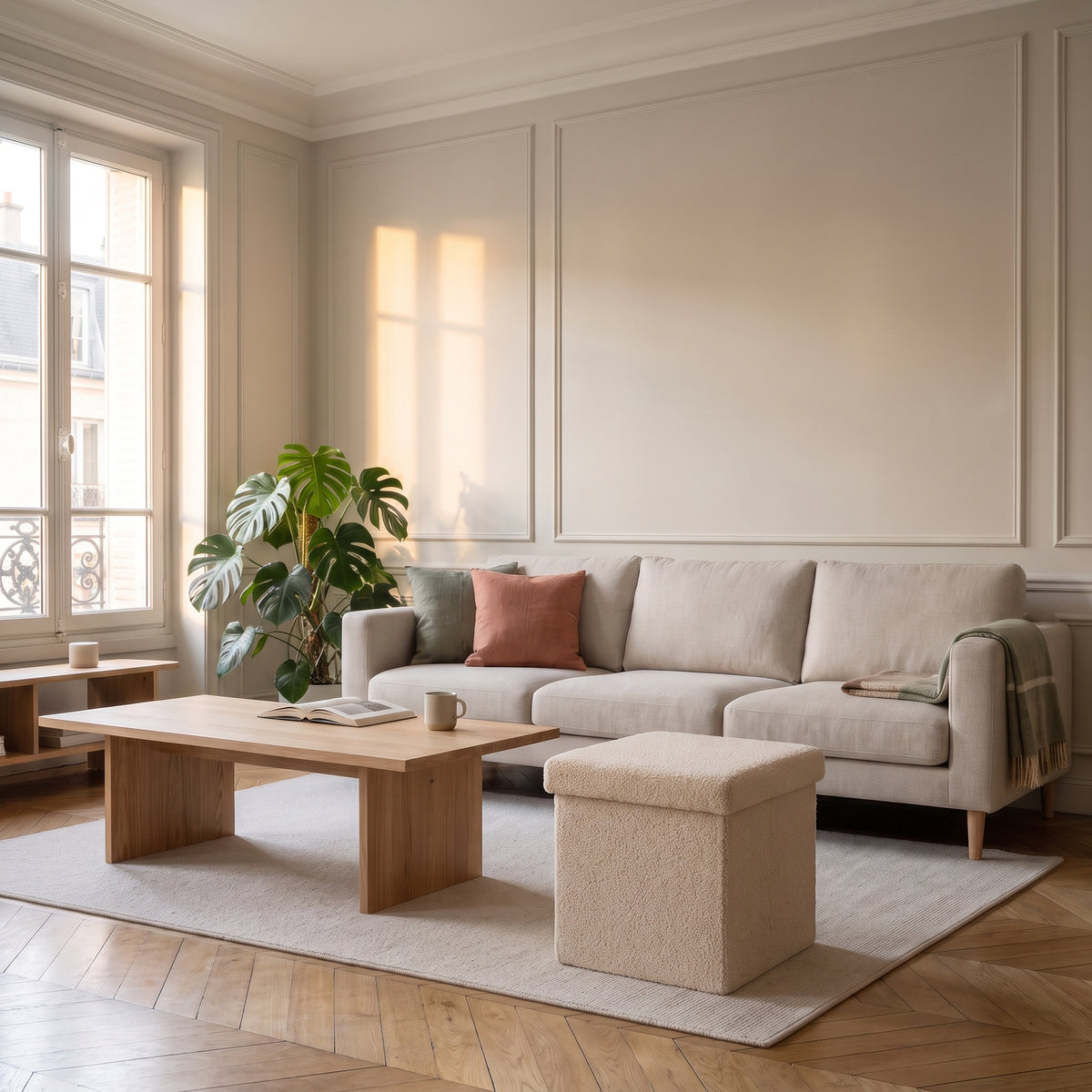 Pouf beige utilisé comme repose-pieds devant un canapé