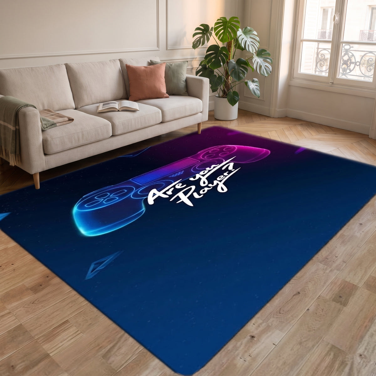 Tapis gaming Are you player fidèle au motif fournisseur, posé à plat dans un salon