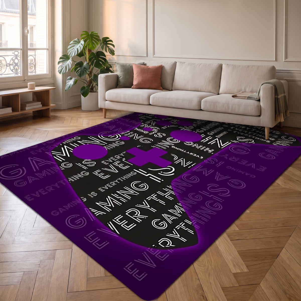 Tapis Gaming everything fidèle au motif fournisseur, posé à plat dans un salon