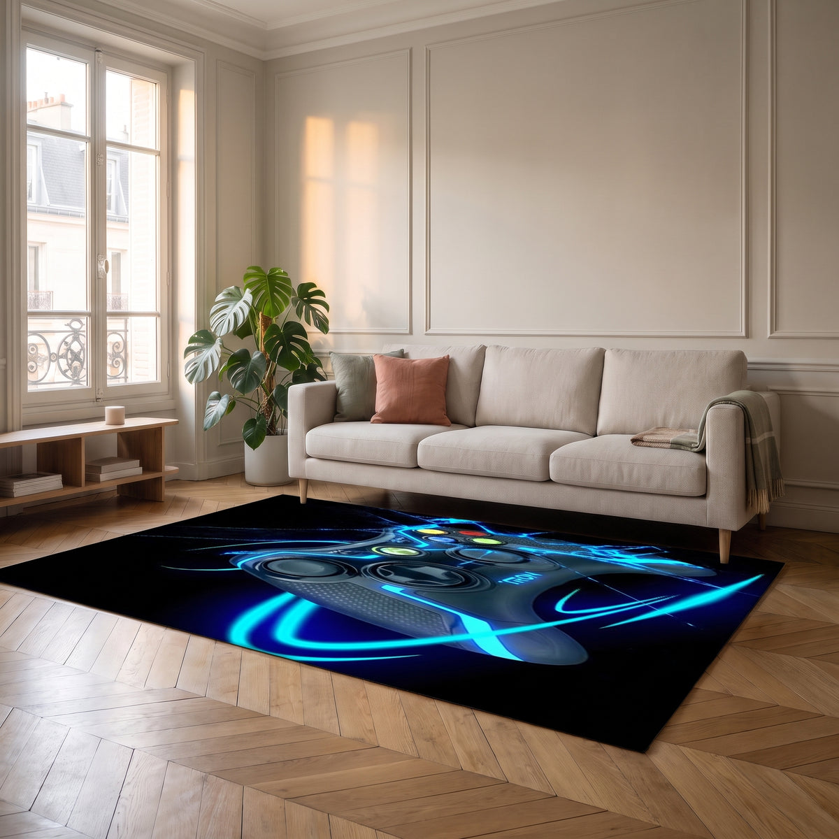 Tapis gaming Manette X TR fidèle au motif fournisseur, posé à plat dans un salon