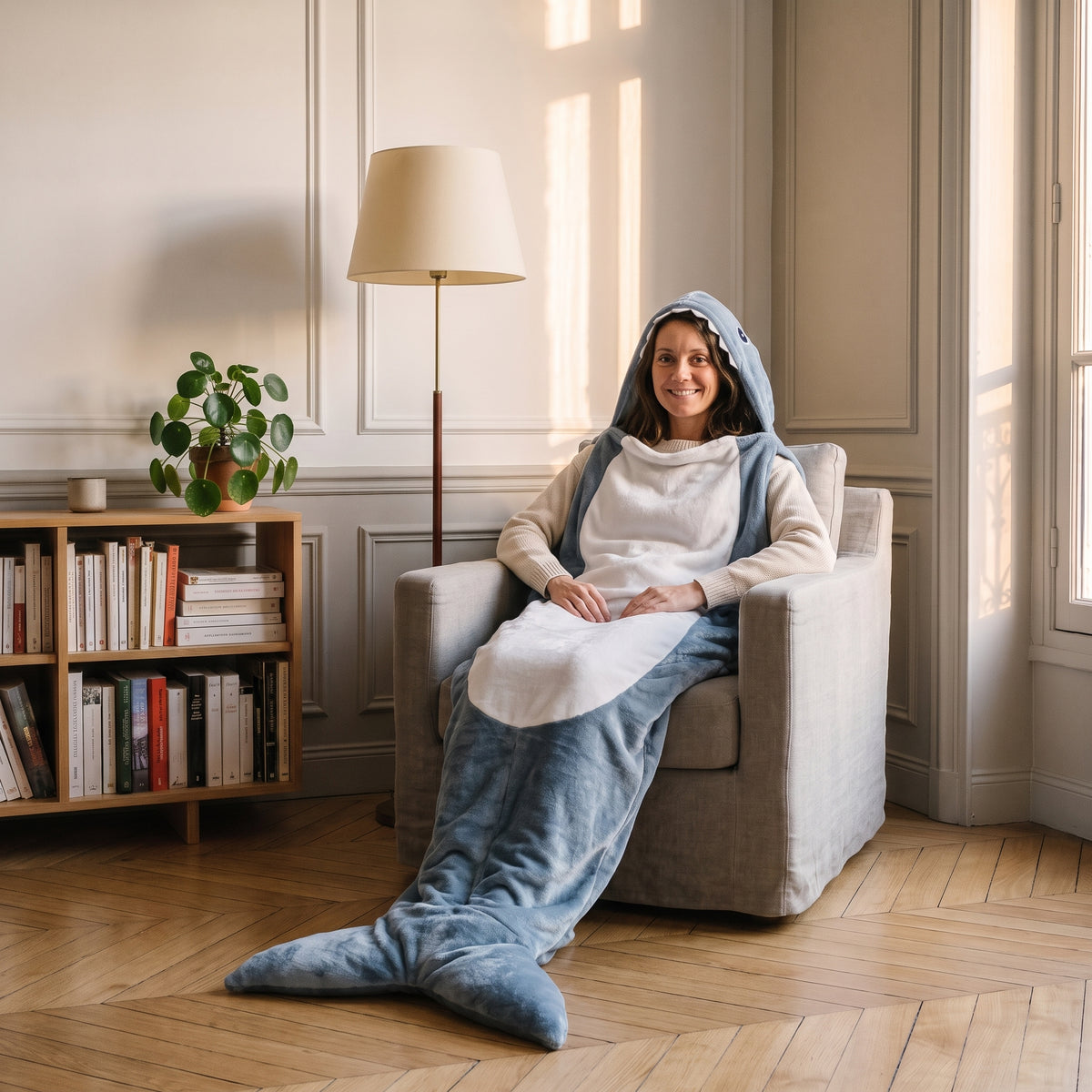 Femme enveloppée dans le plaid requin bleu-gris, capuche relevée, dans un fauteuil de lecture Image