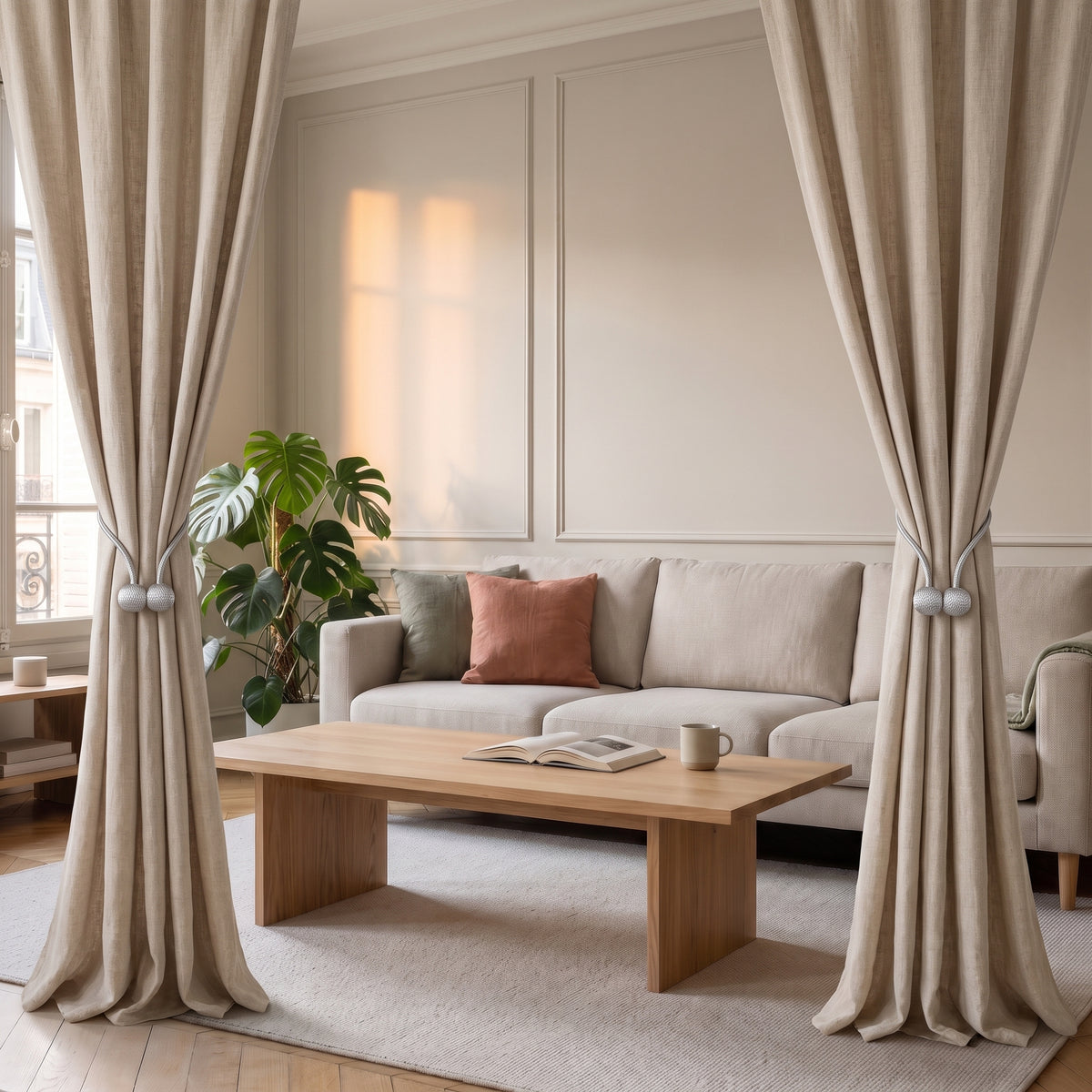 Fenetre de salon dont les deux pans de rideau sont retenus par les attaches dorees