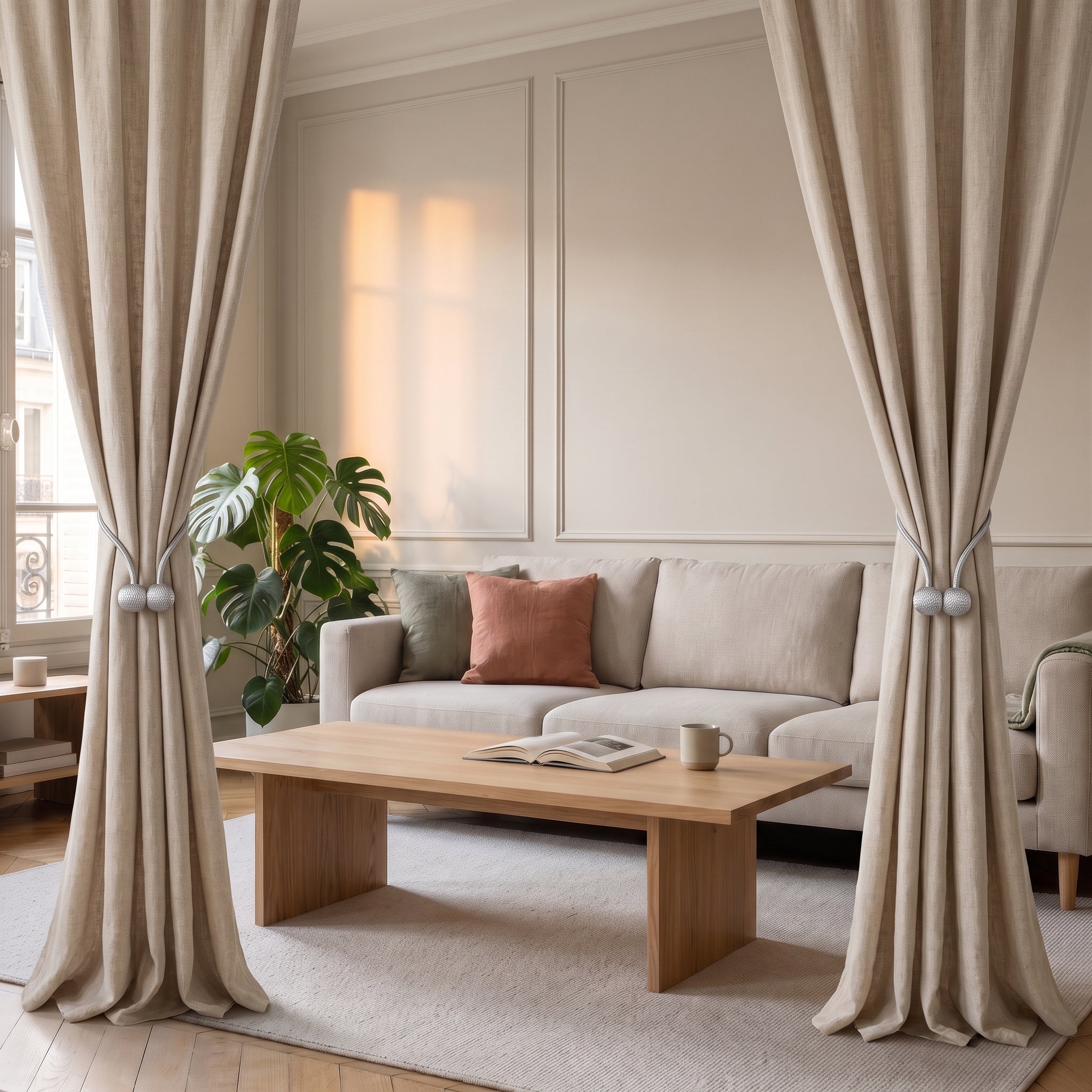 Fenetre de salon dont les deux pans de rideau sont retenus par les attaches dorees Image