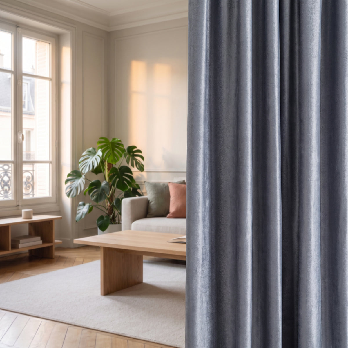Détail rapproché du rideau gris, plis réguliers et surface veloutée en lumière du jour Image