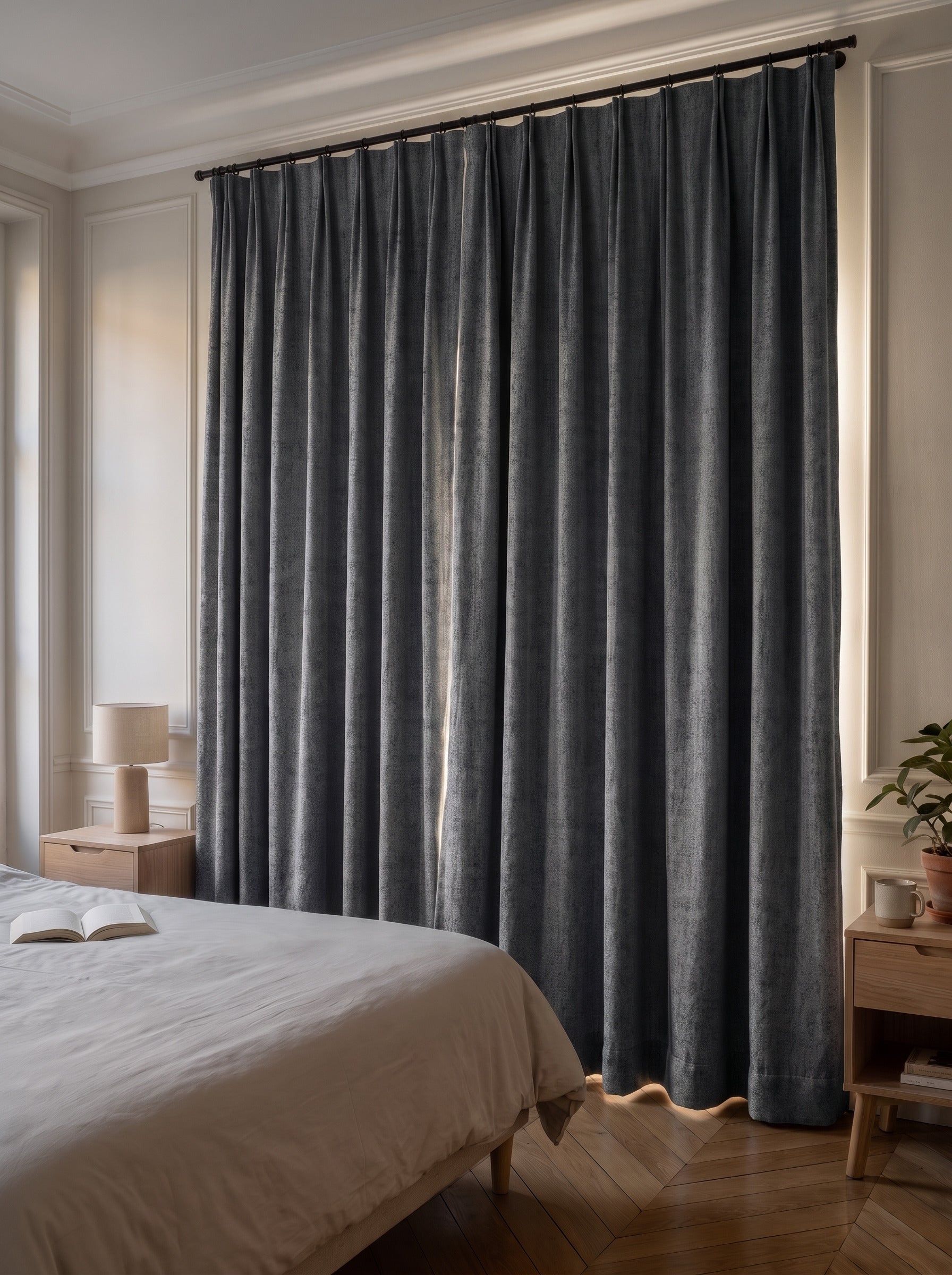 Rideau occultant gris foncé tiré devant la fenêtre d'une chambre, la pièce reste dans la pénombre en pleine journée Image