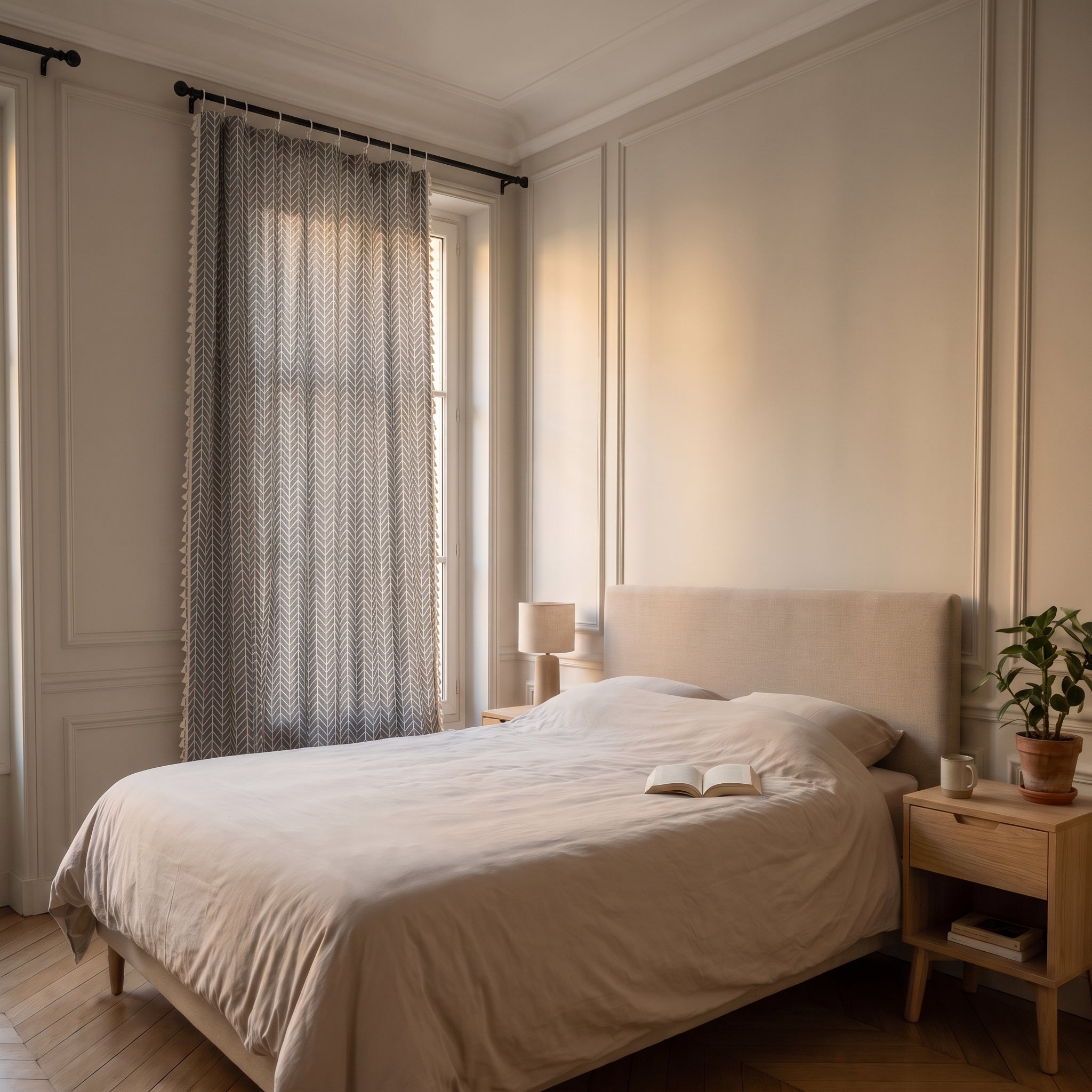 Rideau tamisant à motif chevron gris bleuté, fermé devant la fenêtre d'une chambre, suspendu à sa tringle jusqu'au sol Image