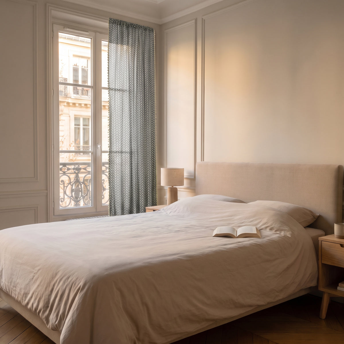 Chambre entière vue de loin, le rideau à motif chevron gris bleuté habille la fenêtre de la tringle au sol Image