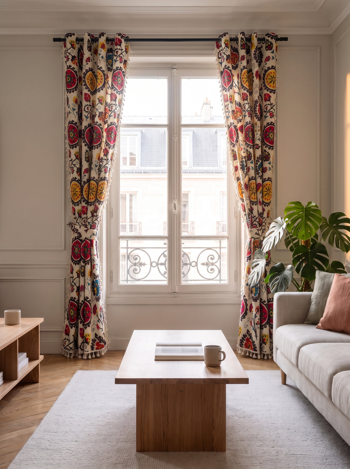 Rideau bohème à pompons écarté, la fenêtre du salon dégagée