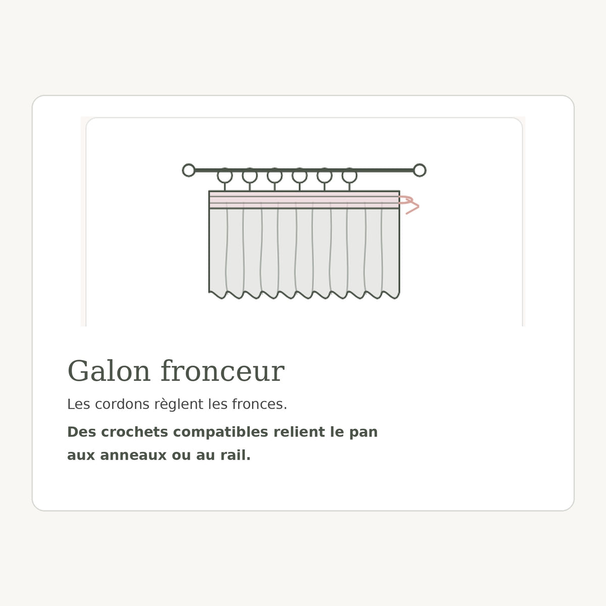 Schéma de la fixation par galon fronceur avec crochets compatibles