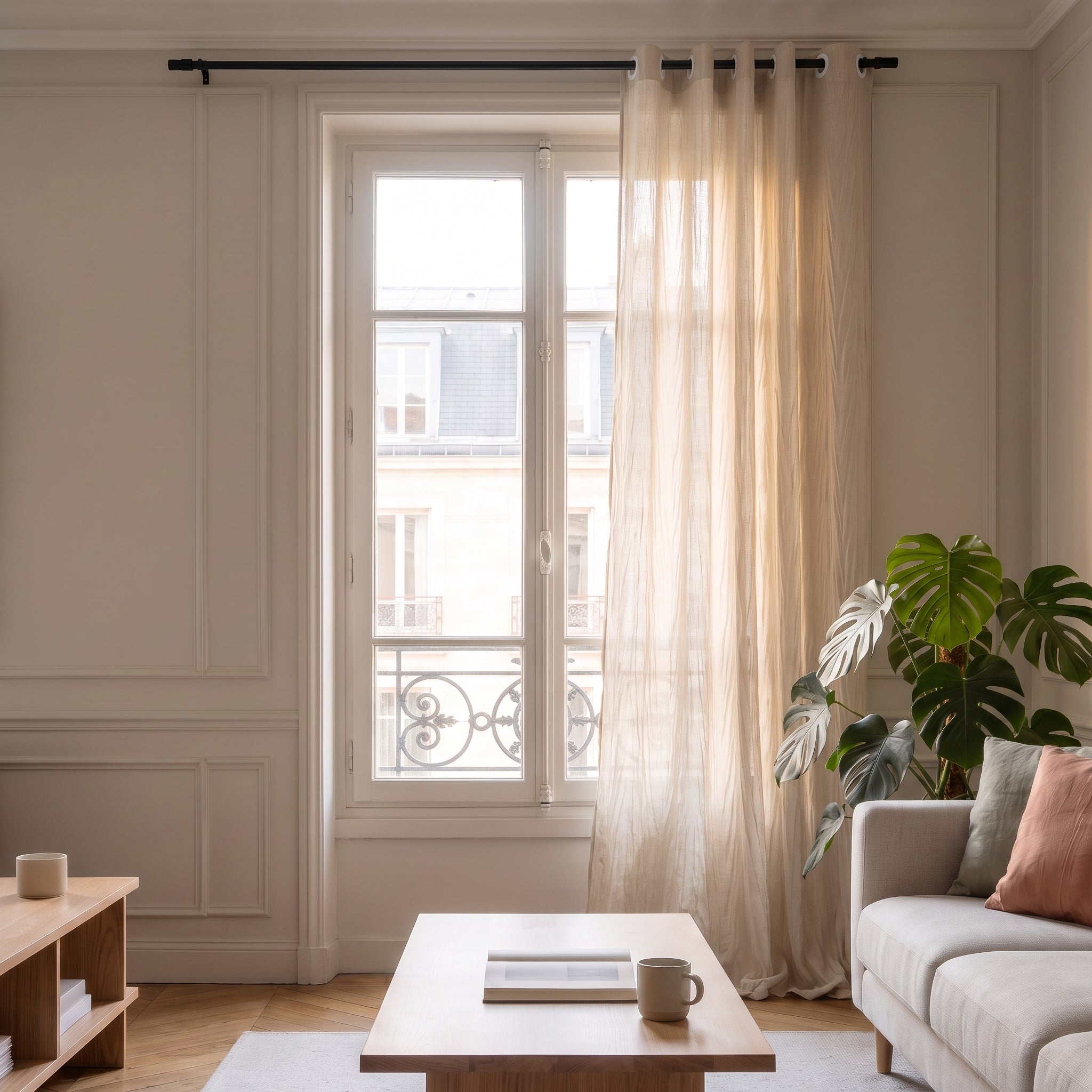 Fenêtre entière avec le rideau blanc effet froissé ouvert Image