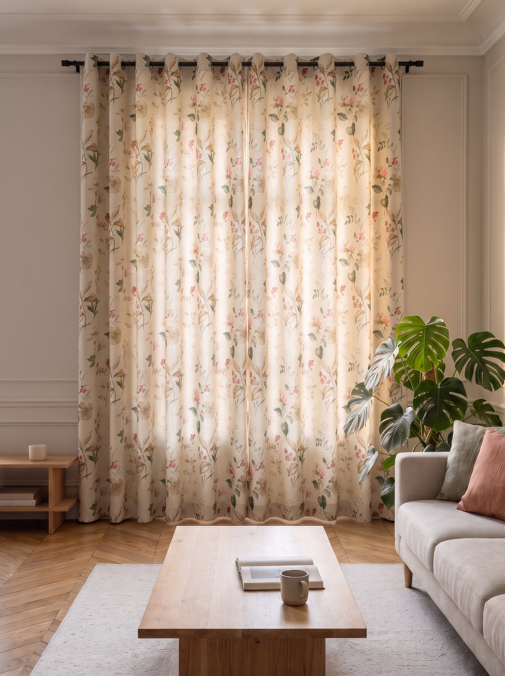 Rideau floral champêtre fermé devant une fenêtre, de la tringle jusqu’au sol