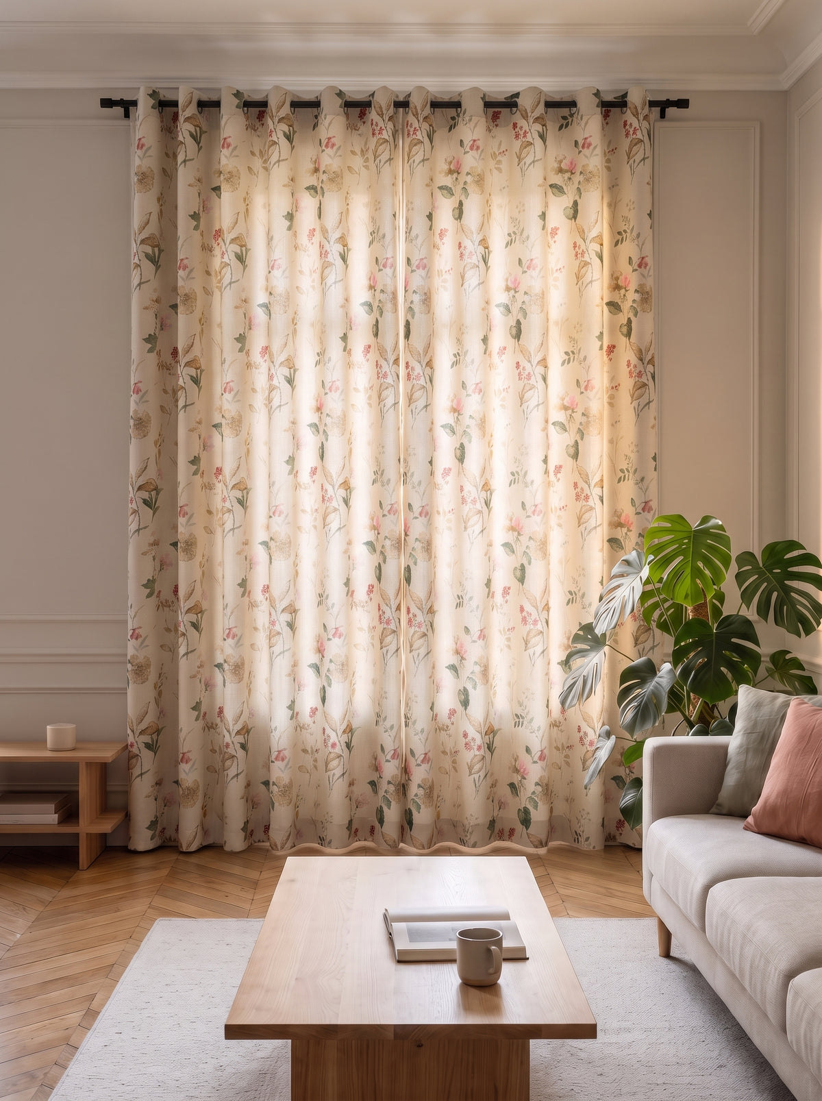 Rideau floral champêtre fermé devant une fenêtre, de la tringle jusqu’au sol