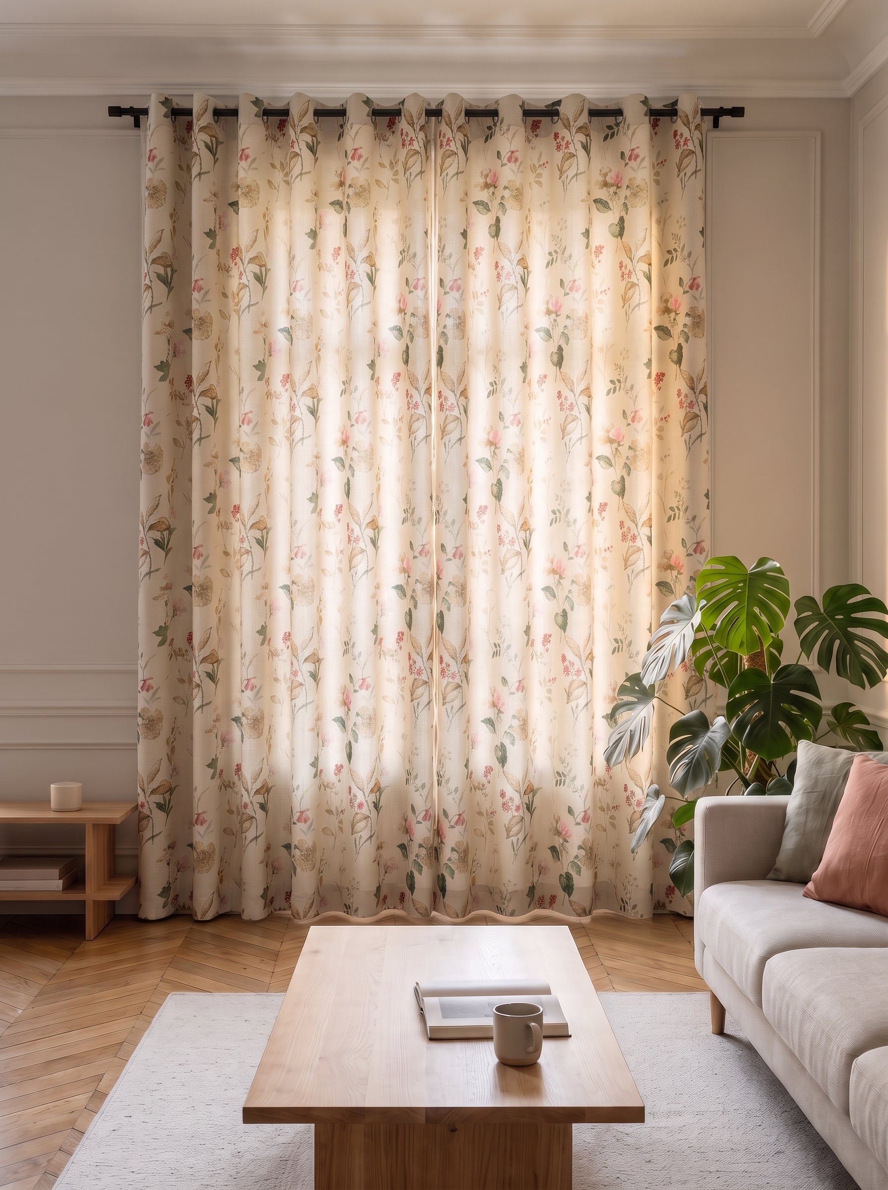 Rideau floral champêtre fermé devant une fenêtre, de la tringle jusqu’au sol Image