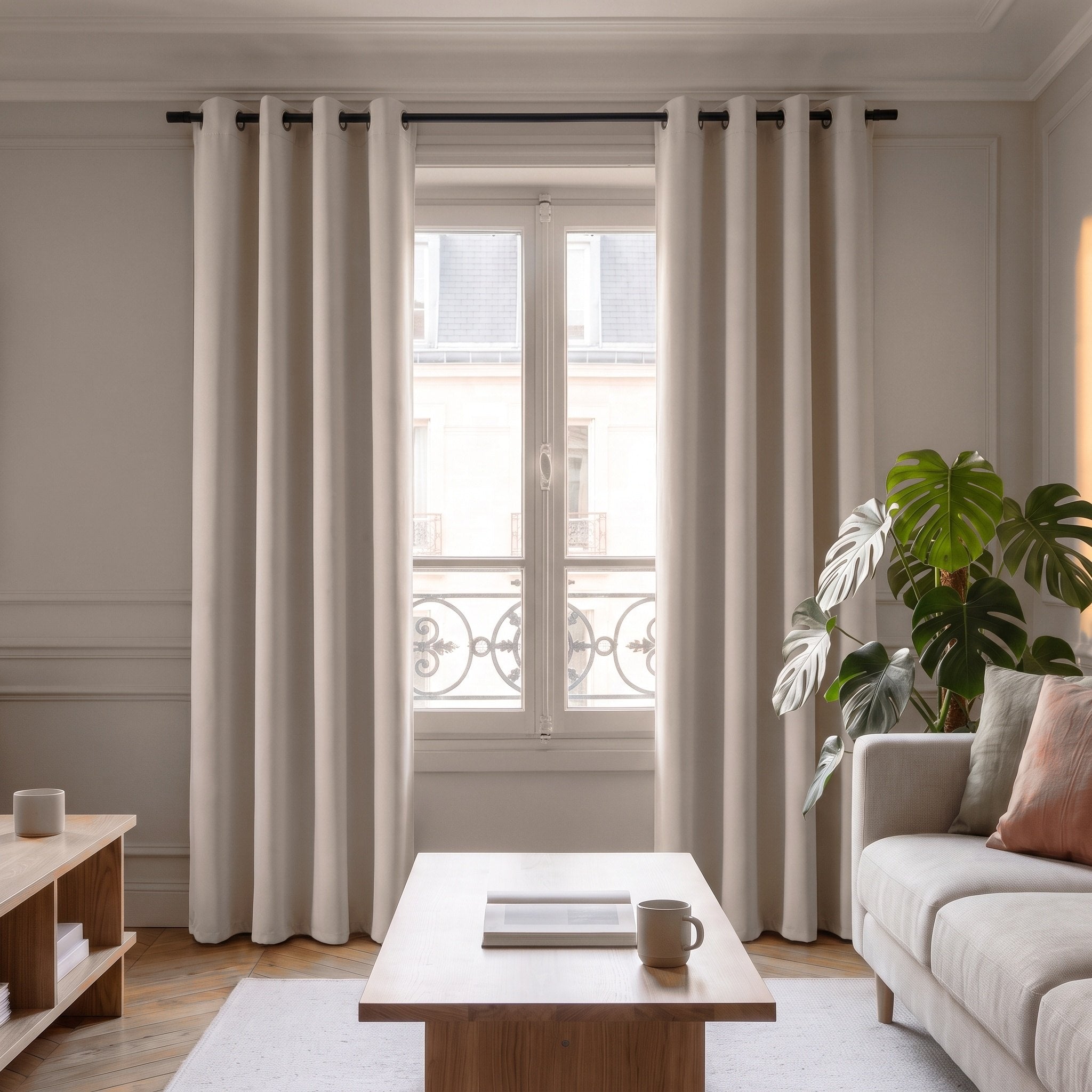 Rideau occultant uni beige suspendu à une tringle posée haut, du plafond jusqu'au parquet Image
