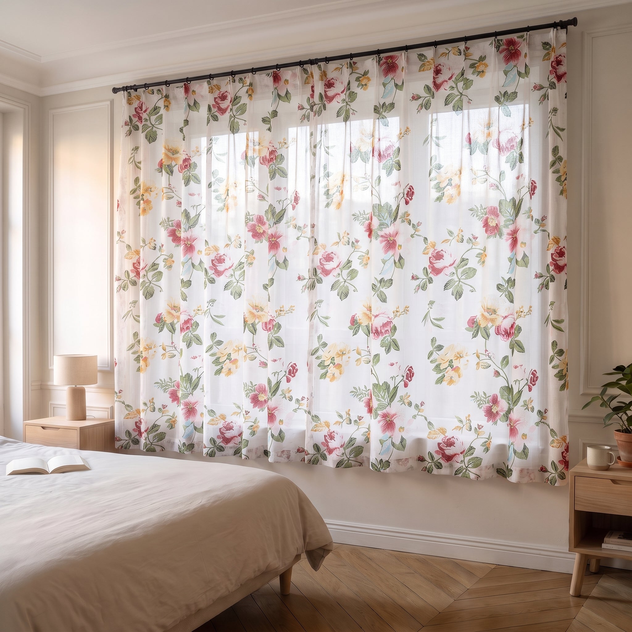 Voilage court à fleurs rouges devant une fenêtre entière dans un salon lumineux Image