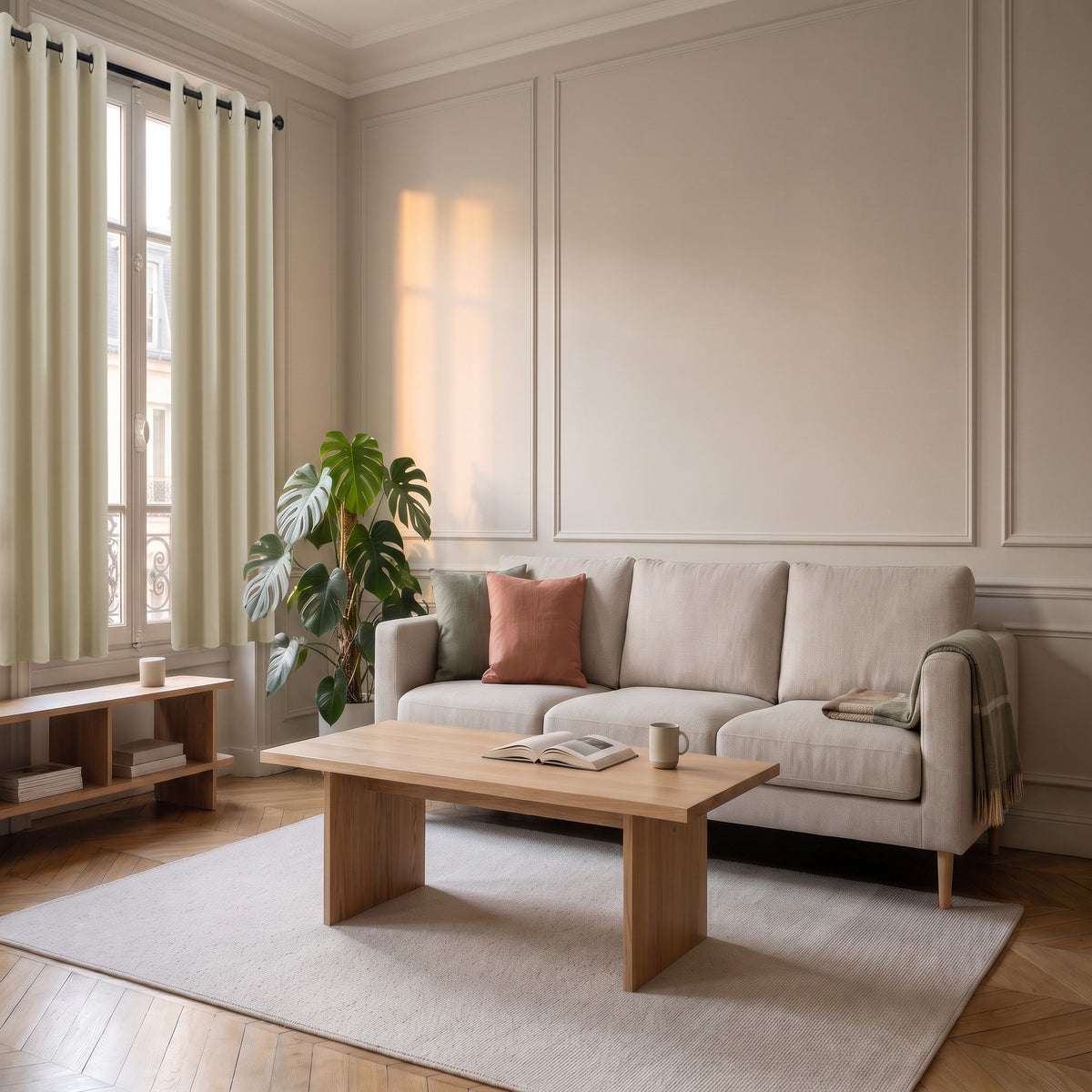 Rideau court occultant beige installé sur une petite fenêtre de salon