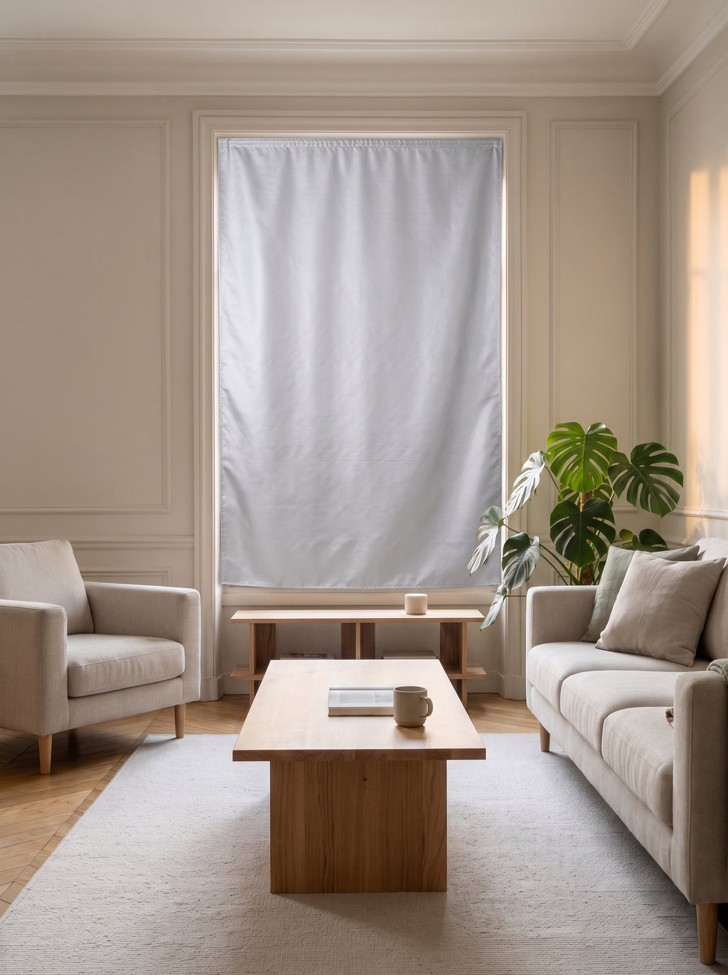 Fenêtre entière avec le rideau isolant thermique fermé devant la vitre