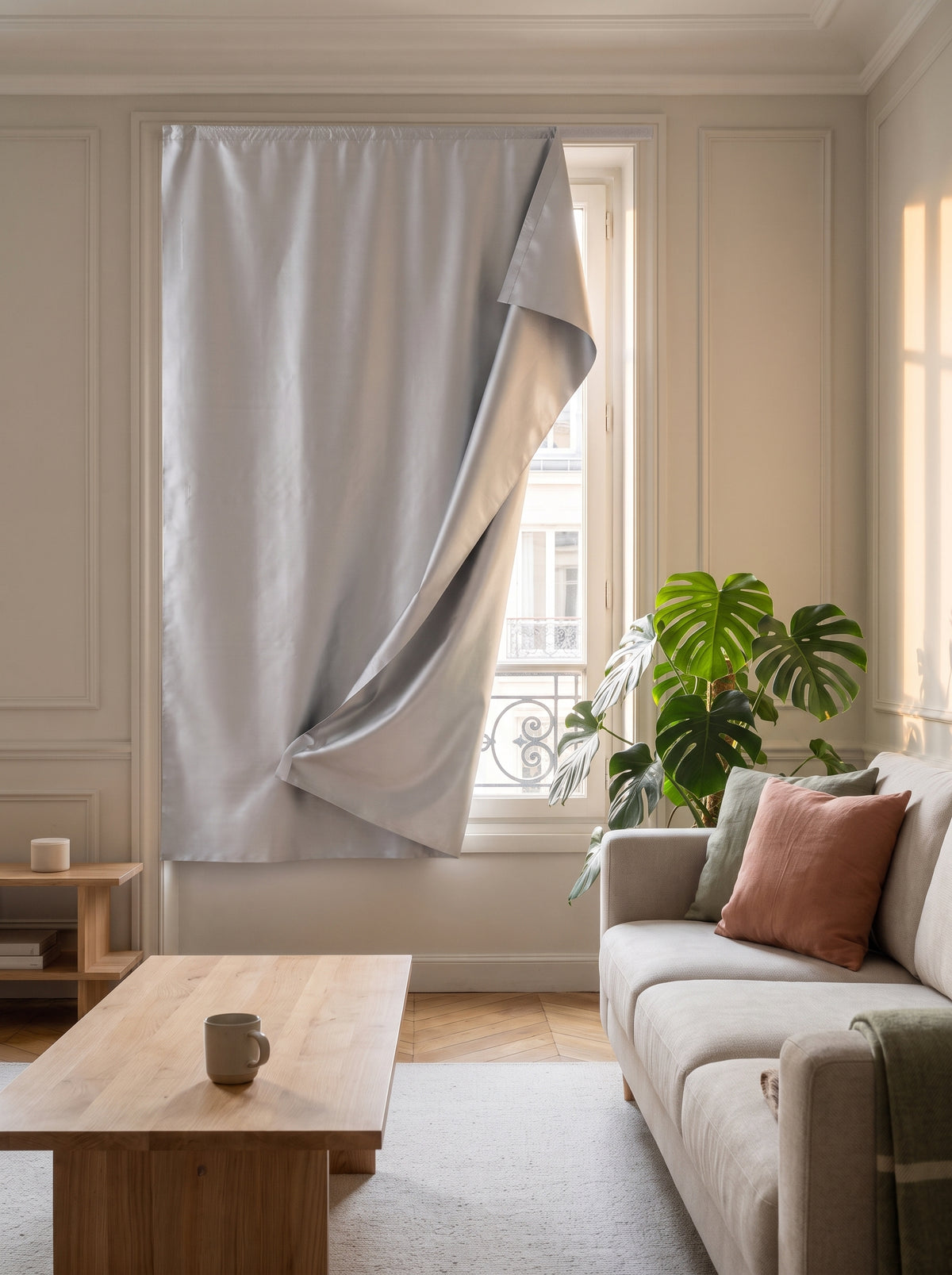 Fenêtre entière avec le rideau isolant thermique relevé pour laisser entrer la lumière