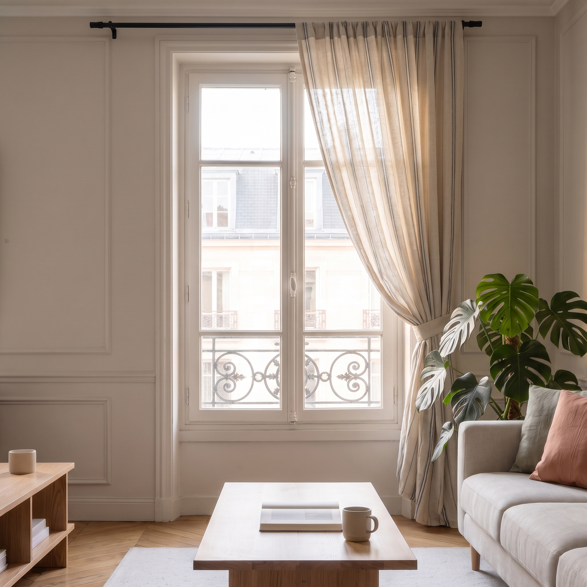 Fenêtre entière avec le rideau léger rayé bleu rassemblé sur le côté