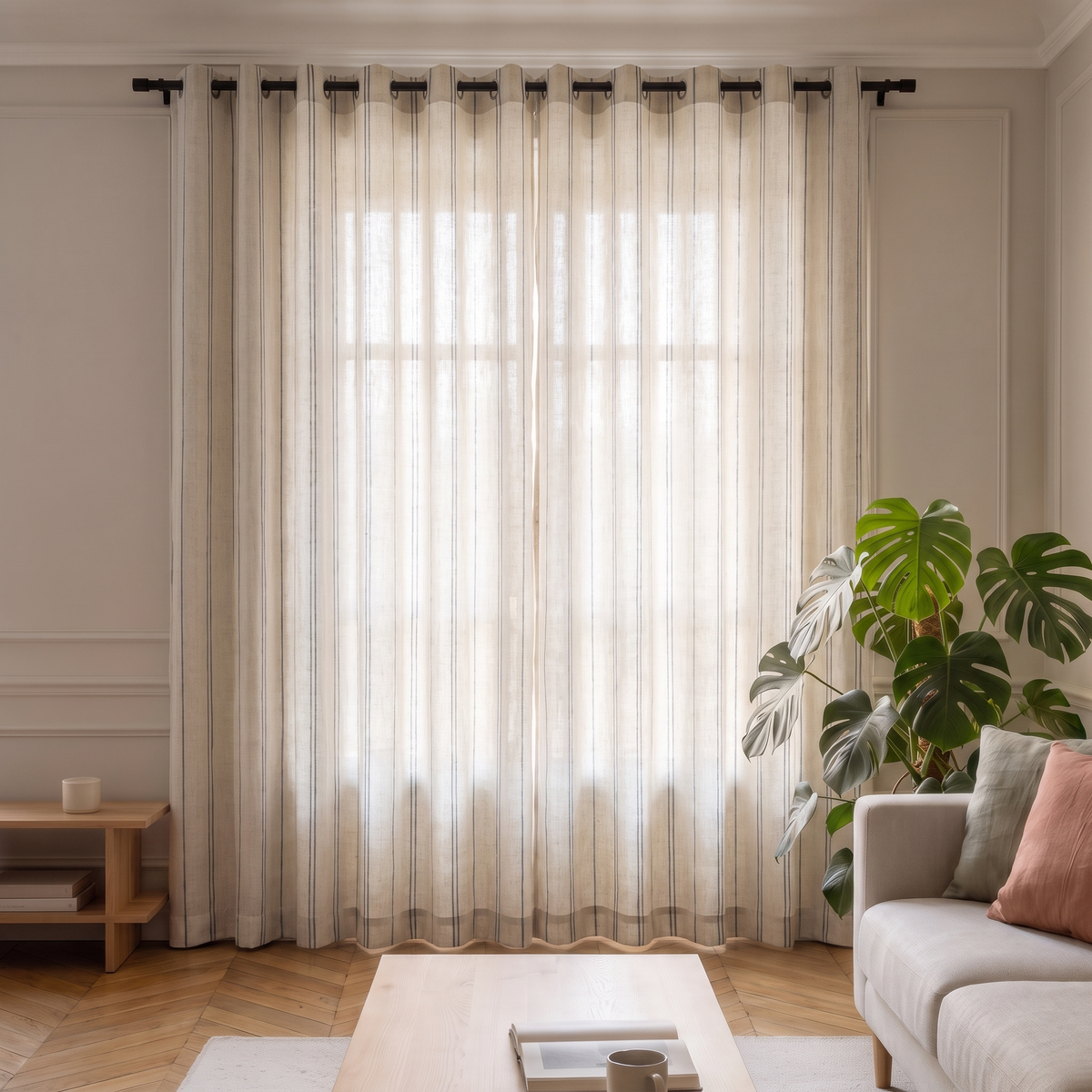 Fenêtre entière avec le rideau léger rayé bleu déployé devant la vitre Image