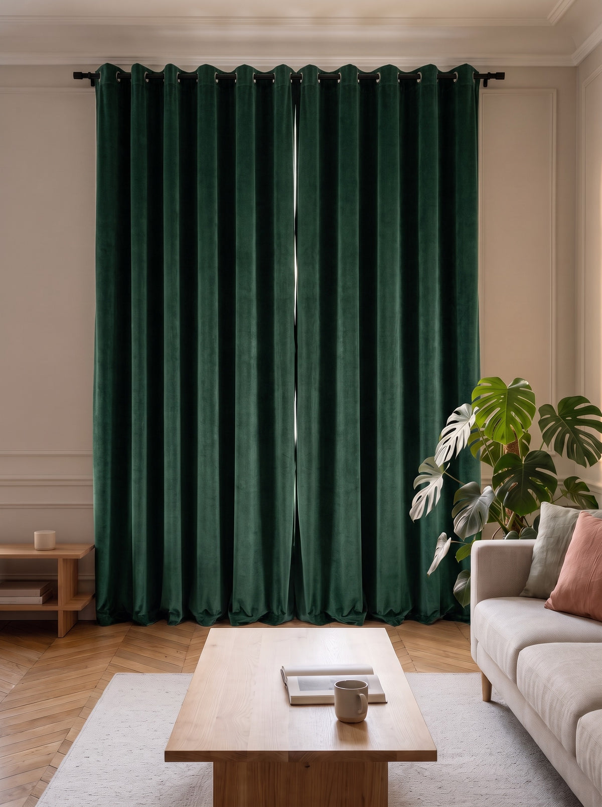 Deux pans du rideau en velours vert olive tirés devant une fenêtre entière, retombée jusqu'au parquet Image