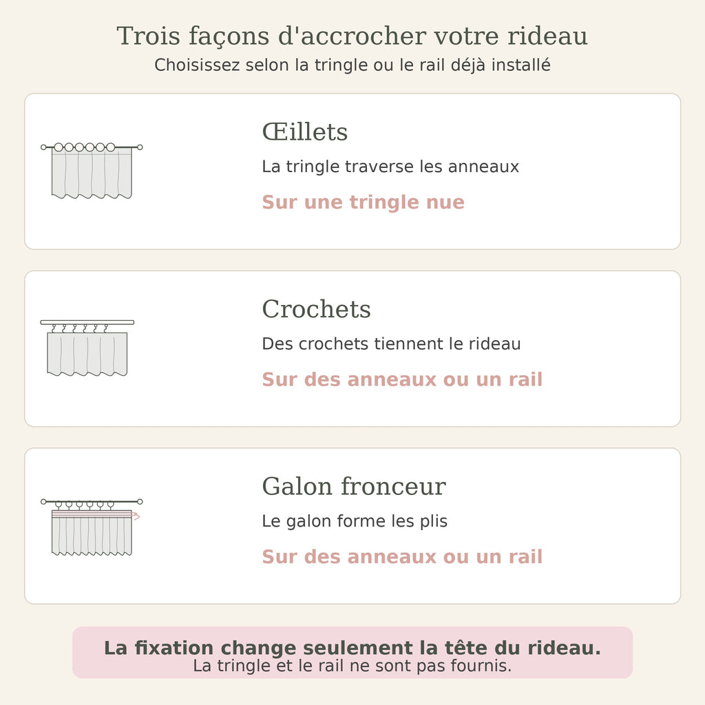 Comparatif des fixations du rideau : œillets, crochets et galon fronceur