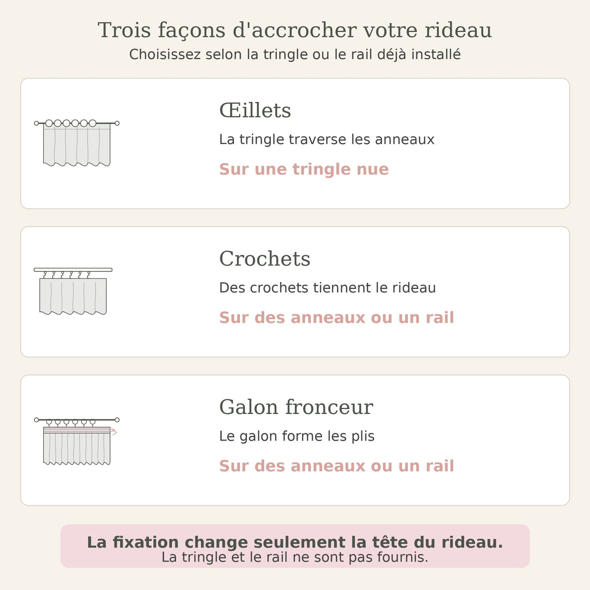 Comparatif des fixations du rideau : œillets, crochets et galon fronceur