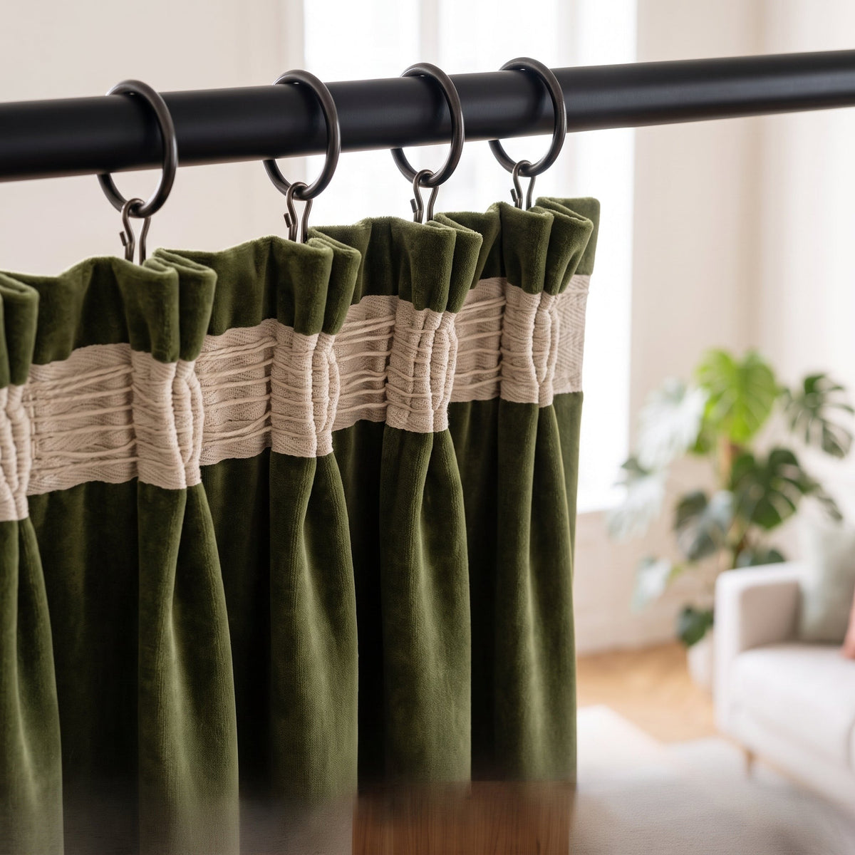 Tête de rideau en velours vert olive avec galon fronceur à cordons