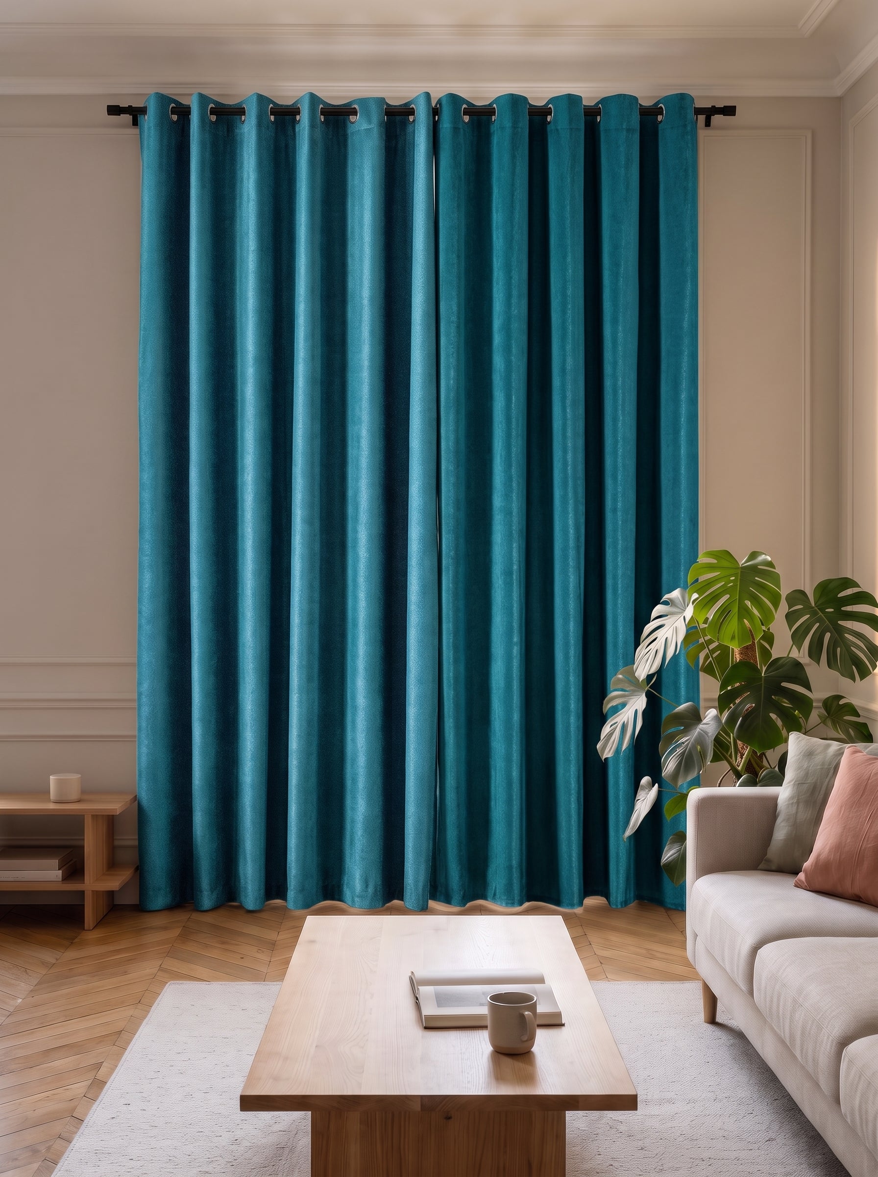 Rideau occultant en velours turquoise fermé devant une fenêtre entière Image