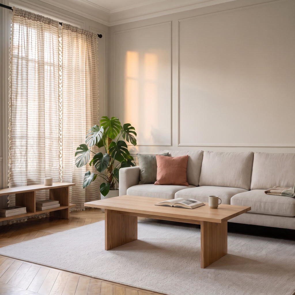 Rideau rayé beige à pompons fermé devant une fenêtre entière dans un salon