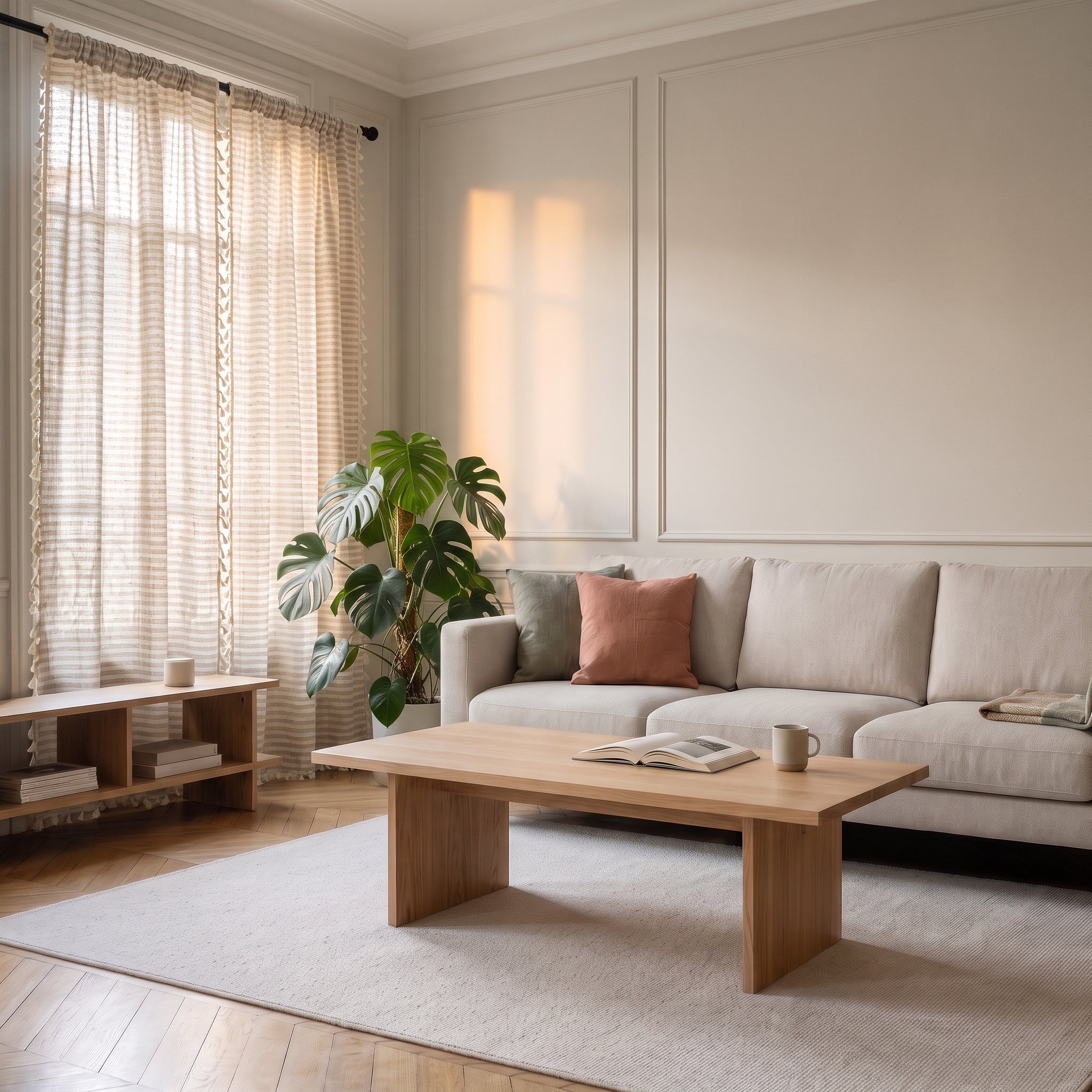 Rideau rayé beige fermé diffusant une lumière douce dans le salon Image