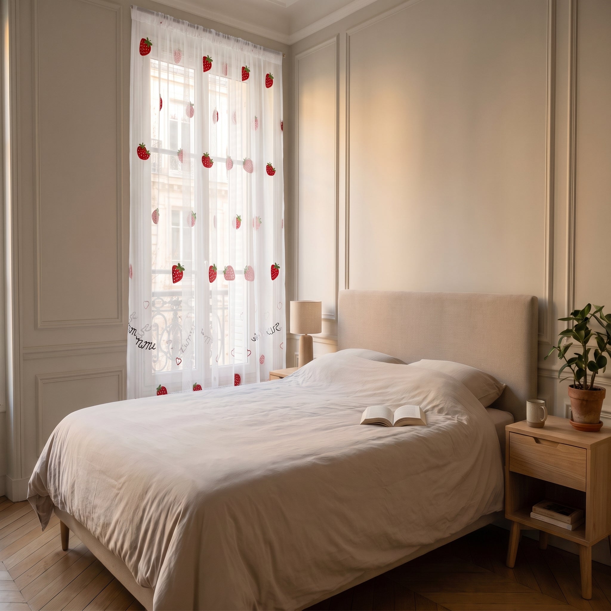 Voilage imprimé fraises suspendu à la fenêtre, lumière du jour qui traverse le tissu Image