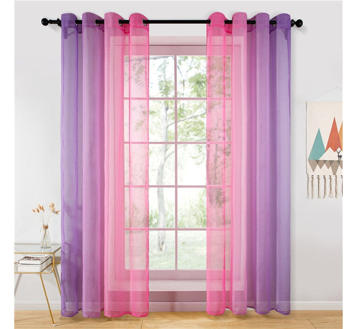Rideau transparent en tulle dégradé violet et rose