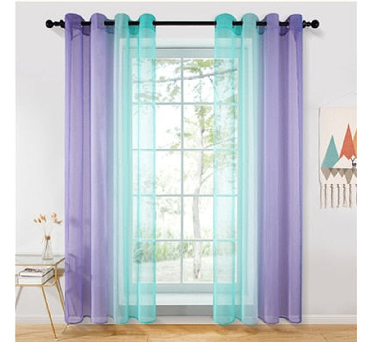 Rideau transparent en tulle dégradé violet et vert