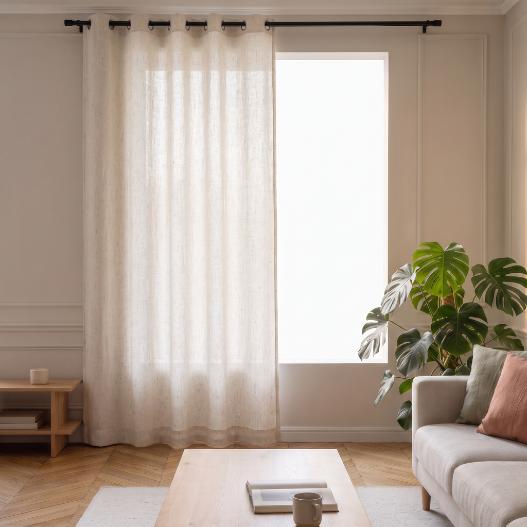Un pan du rideau voilage en tulle beige déployé devant la fenêtre, version œillets
