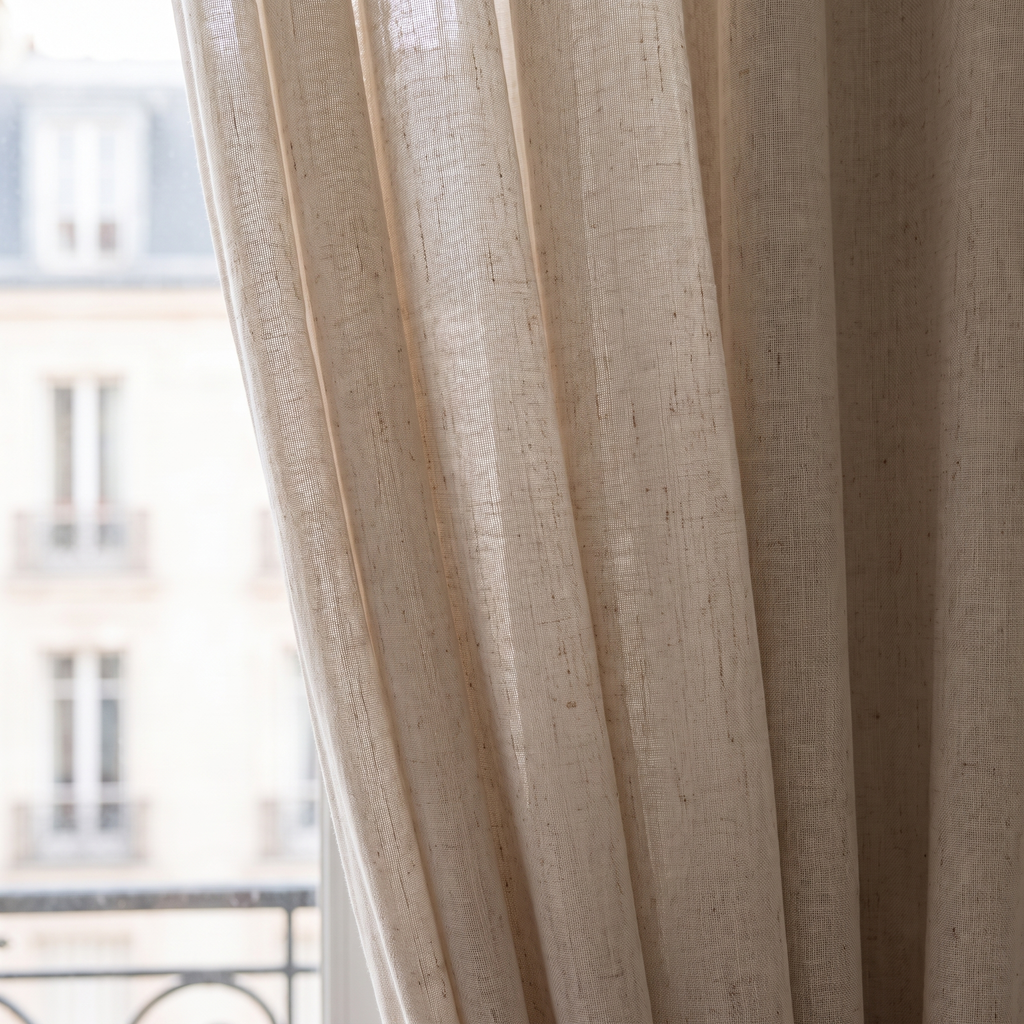 Détail de la trame et de la transparence du rideau voilage en tulle beige